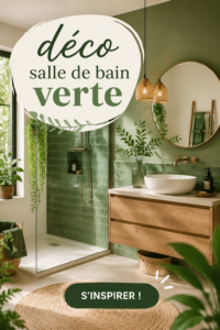 Salle de bain décorée en vert avec des plantes et des accessoires en harmonie