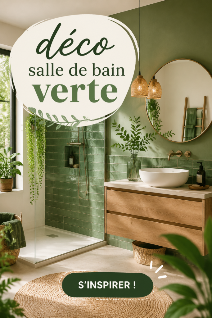 Salle de bain décorée en vert avec des plantes et des accessoires en harmonie