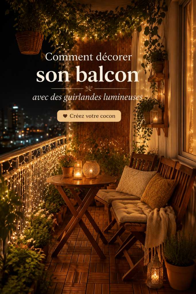 Un balcon décoré avec des guirlandes lumineuses créant une ambiance chaleureuse
