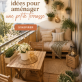 Petite terrasse joliment aménagée avec des plantes et du mobilier confortable.