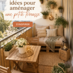 Petite terrasse joliment aménagée avec des plantes et du mobilier confortable.