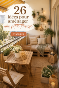 Petite terrasse joliment aménagée avec des plantes et du mobilier confortable.