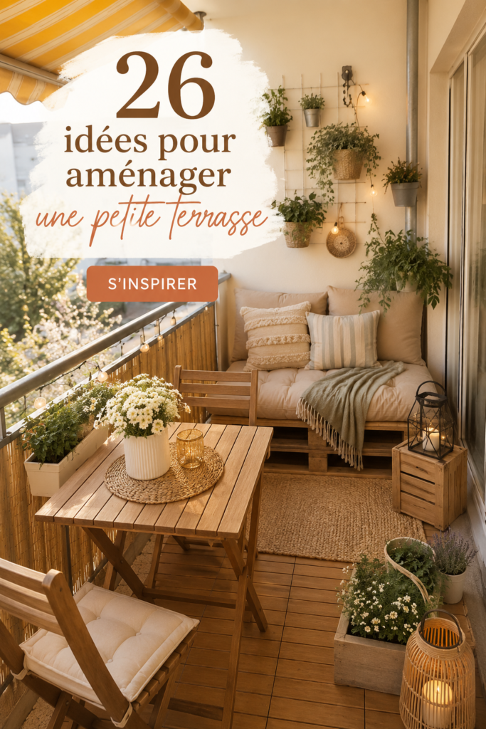 Petite terrasse joliment aménagée avec des plantes et du mobilier confortable.