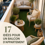 Balcon décoré avec des plantes et des meubles cosy