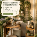 Petit balcon aménagé avec des plantes vertes et des meubles compacts.