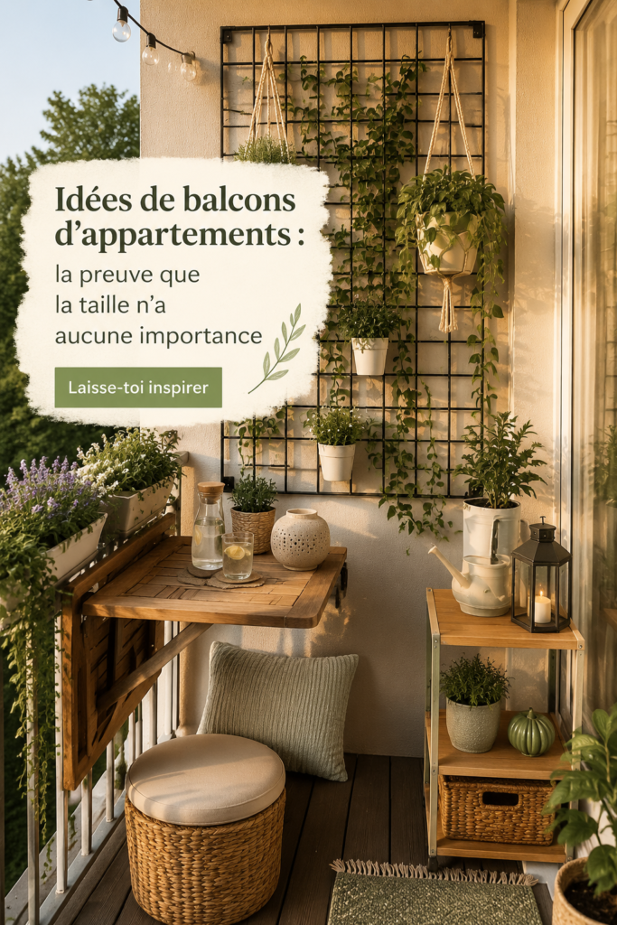 Petit balcon aménagé avec des plantes vertes et des meubles compacts.