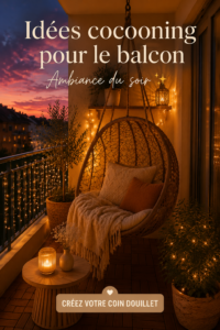 Balcon douillet décoré avec des coussins et guirlandes lumineuses