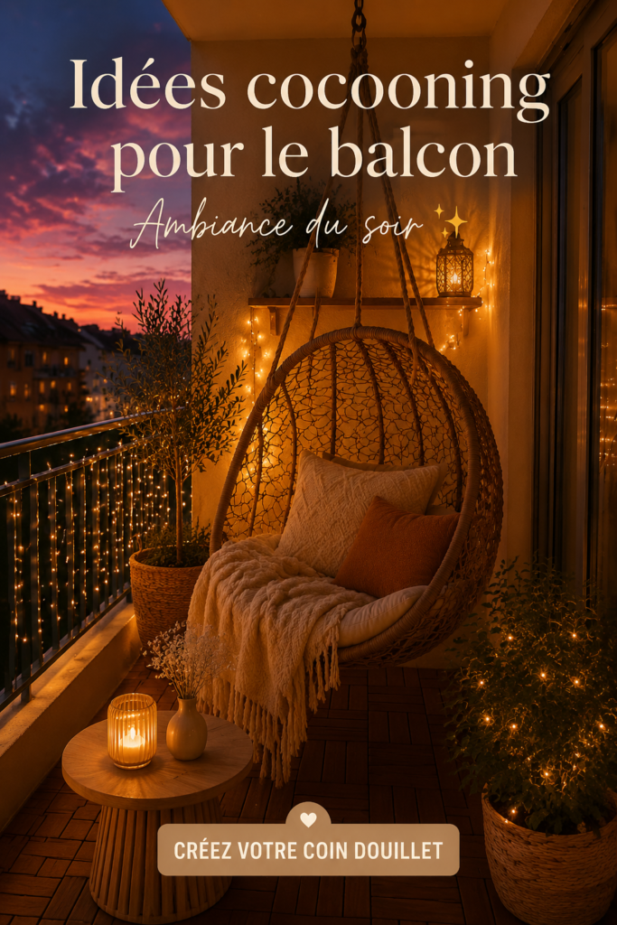 Balcon douillet décoré avec des coussins et guirlandes lumineuses