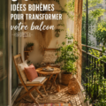 Balcon décoré dans un style boho avec des coussins colorés et des plantes