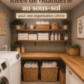Buanderie au sous-sol bien organisée avec des rangements pratiques