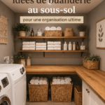 Buanderie au sous-sol bien organisée avec des rangements pratiques