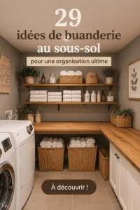 Buanderie au sous-sol bien organisée avec des rangements pratiques