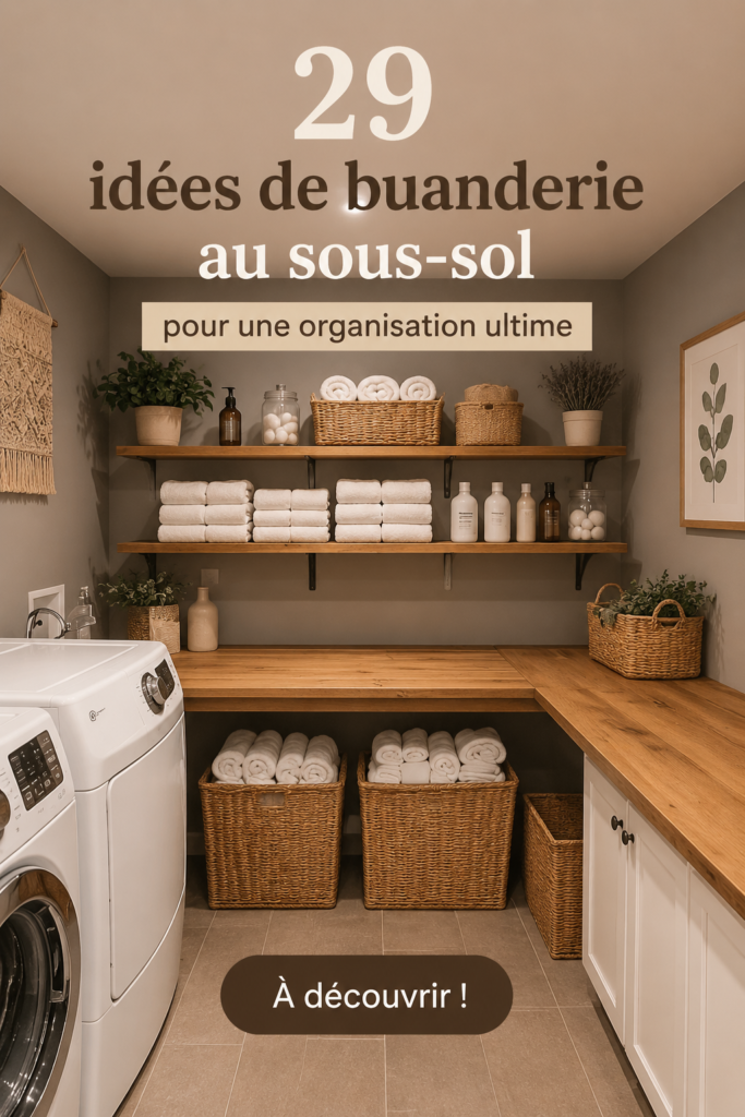 Buanderie au sous-sol bien organisée avec des rangements pratiques