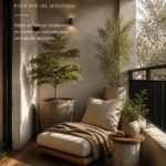 Balcon decoré dans le style japandi avec des matériaux naturels