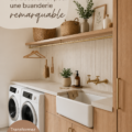Buanderie moderne et décorée avec goût, alliant pratiques de rangement et touches personnelles.