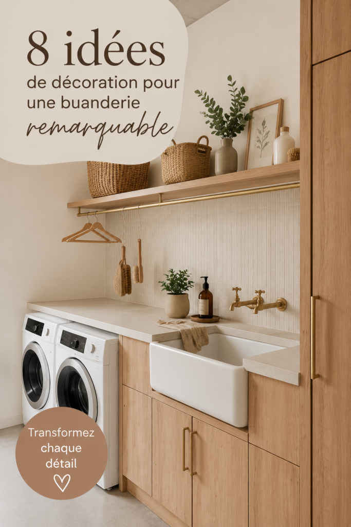 Buanderie moderne et décorée avec goût, alliant pratiques de rangement et touches personnelles.