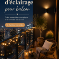 Balcon illuminé avec des guirlandes lumineuses créant une ambiance magique la nuit
