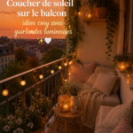 Un balcon cosy décoré avec des lumières féeriques et des accessoires confortables.