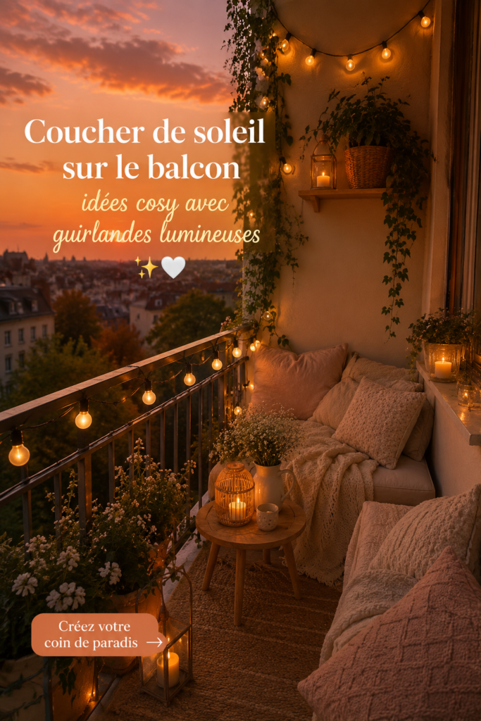 Un balcon cosy décoré avec des lumières féeriques et des accessoires confortables.