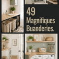 Buanderie moderne et organisée avec des rangements stylés et pratiques.