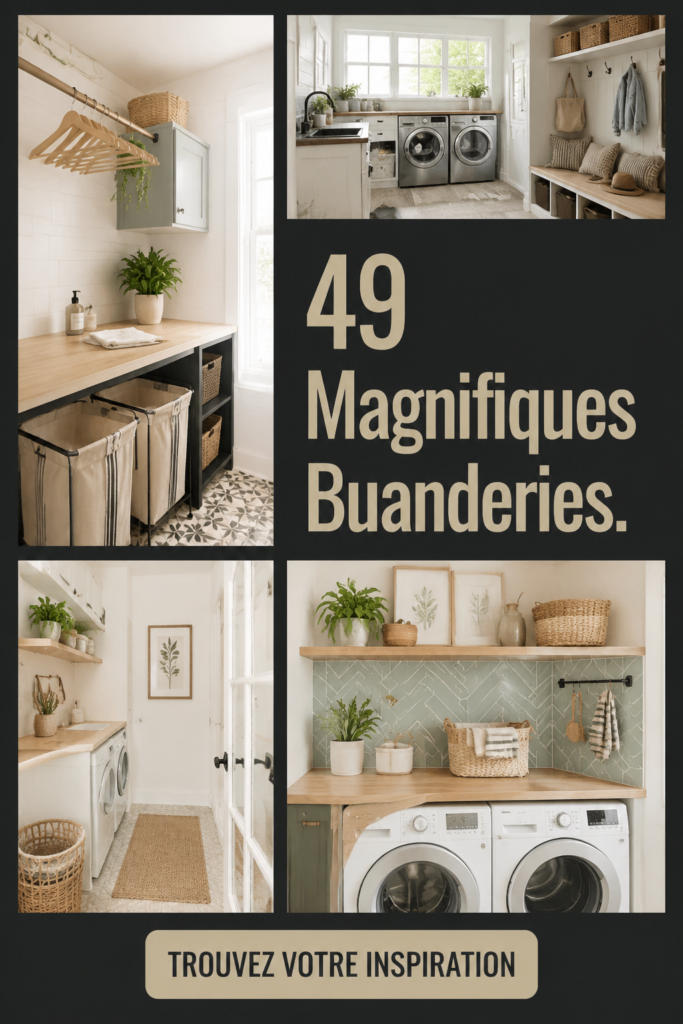 Buanderie moderne et organisée avec des rangements stylés et pratiques.