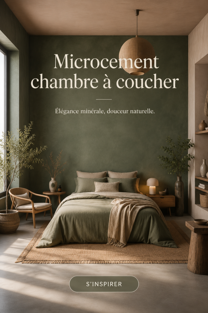 Chambre moderne avec revêtement en microciment, décor épuré et élégant.