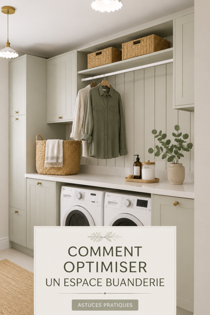 Intérieur d'une buanderie optimisée avec rangements pratiques et décor agréables