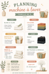 Planning de lavage familial sur un tableau organisé avec des vêtements.