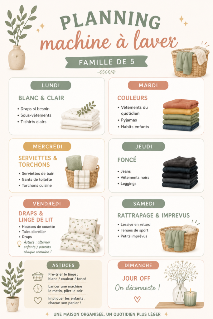 Planning de lavage familial sur un tableau organisé avec des vêtements.