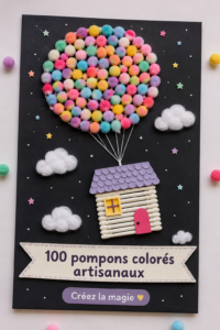 Un assortiment de 100 pompons colorés artisanaux sur une table