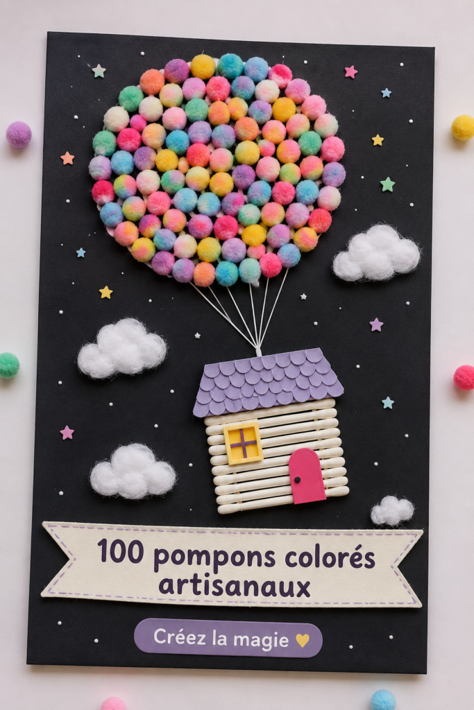 Un assortiment de 100 pompons colorés artisanaux sur une table