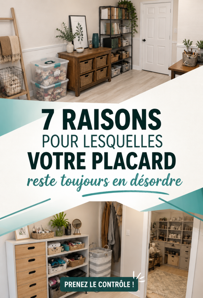 Un placard bien organisé avec des vêtements pliés et accrochés.