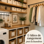 Buanderie bien organisée avec des étagères et des paniers