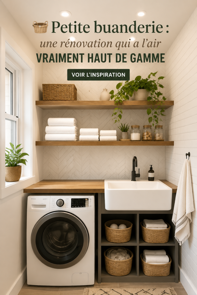 Rénovation buanderie moderne et esthétique avec solutions de rangement.