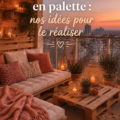 Salon de jardin en palette avec coussins et plantes décoratives