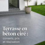 Une belle terrasse en béton ciré intégrée dans un jardin lumineux et accueillant.