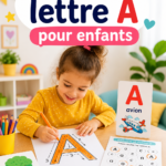 Des enfants s'amusent avec des activités sur la lettre A, entourés de couleurs vives et de matériel créatif.