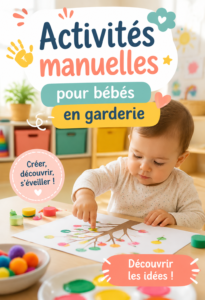 Un groupe de bébés en garderie travaillant sur des activités manuelles, entourés de matériaux colorés et créatifs.