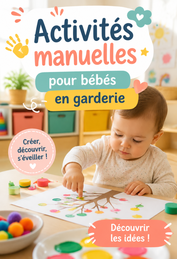 Un groupe de bébés en garderie travaillant sur des activités manuelles, entourés de matériaux colorés et créatifs.