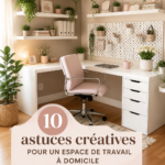 Bureau à domicile aménagé avec goût, avec un éclairage approprié et une chaise confortable.