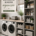 Buanderie bien organisée avec des paniers et étiquettes