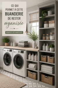 Buanderie bien organisée avec des paniers et étiquettes