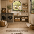 Buanderie au style chaleureux avec des éléments rustiques, créant une atmosphère accueillante.