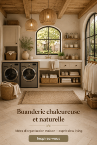 Buanderie au style chaleureux avec des éléments rustiques, créant une atmosphère accueillante.