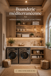 Buanderie méditerranéenne avec des couleurs apaisantes et un espace fonctionnel.
