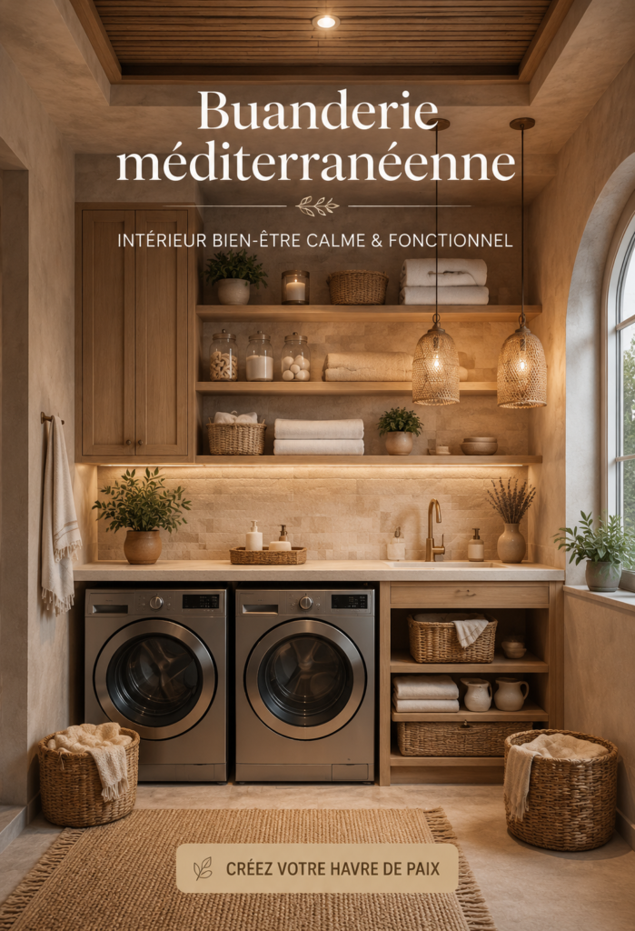 Buanderie méditerranéenne avec des couleurs apaisantes et un espace fonctionnel.