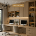 Aménagement d'un bureau partagé pour couples, avec deux bureaux côte à côte dans une pièce lumineuse.