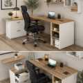 Bureau en angle panoramique en bois et blanc, agréable et fonctionnel