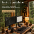 Bureau aménagé près d'une fenêtre de cabane avec une vue sur la nature