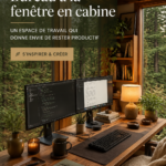 Bureau aménagé près d'une fenêtre de cabane avec une vue sur la nature